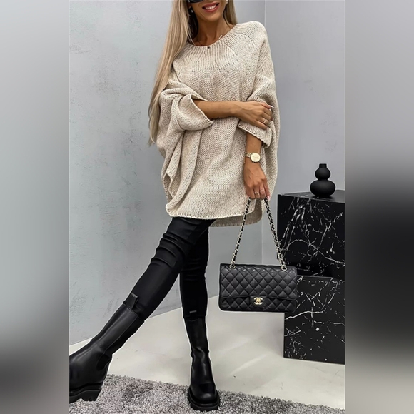 Oversized Knit Top Batwing Baggy Long Pullover Sweater Poncho Shirt Round Neck - Picture 3 of 12